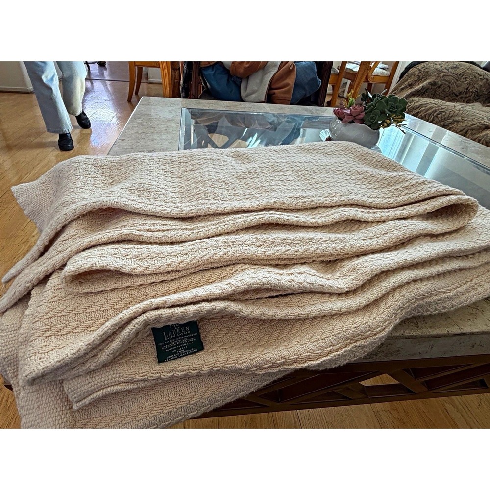 Vintage Ralph Lauren Home Cotton Blanket Cream Herringbone Made USA Queen 66x90